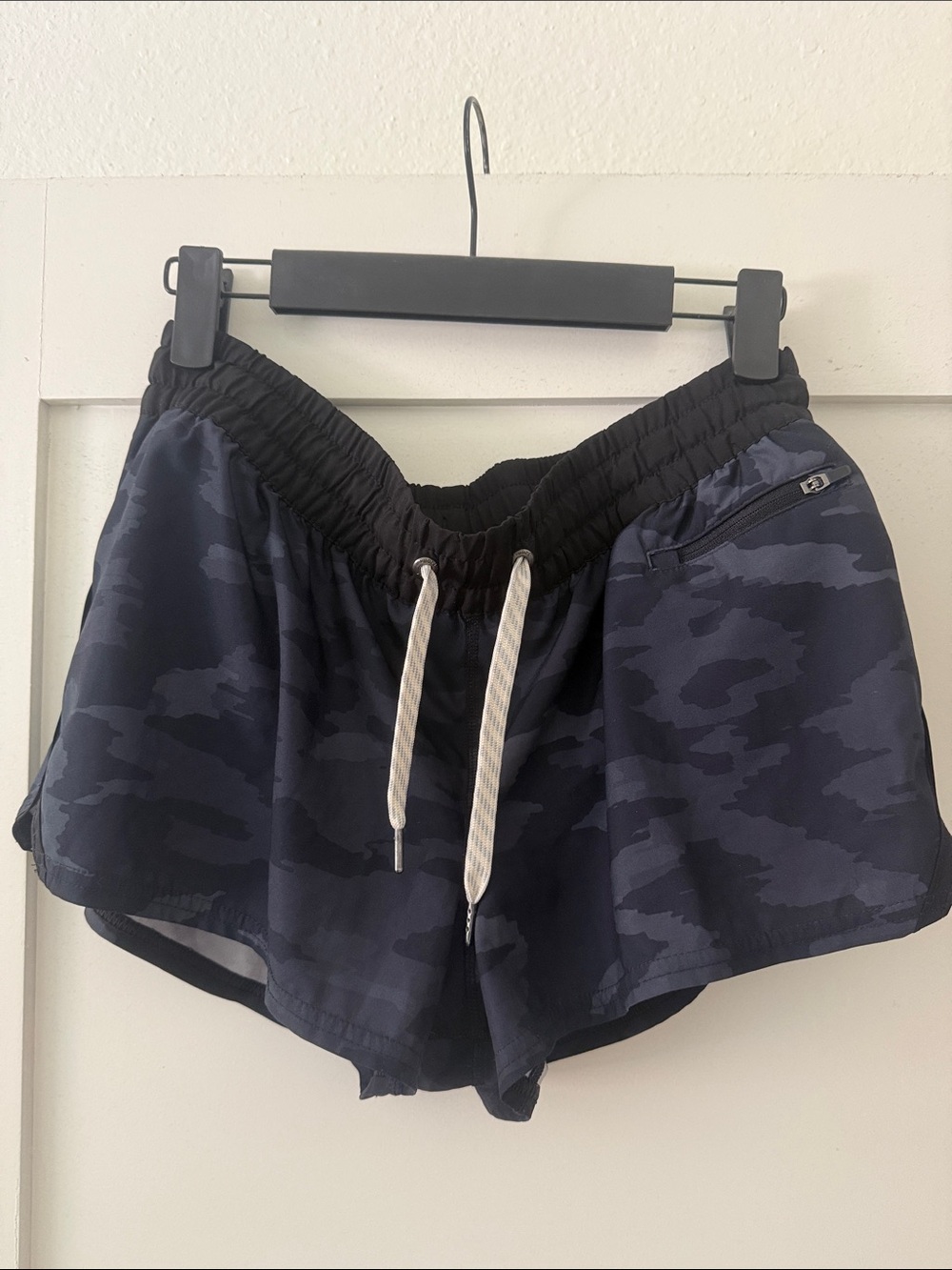 Vuori Women's Black Camo Athletic Shorts with Drawstring